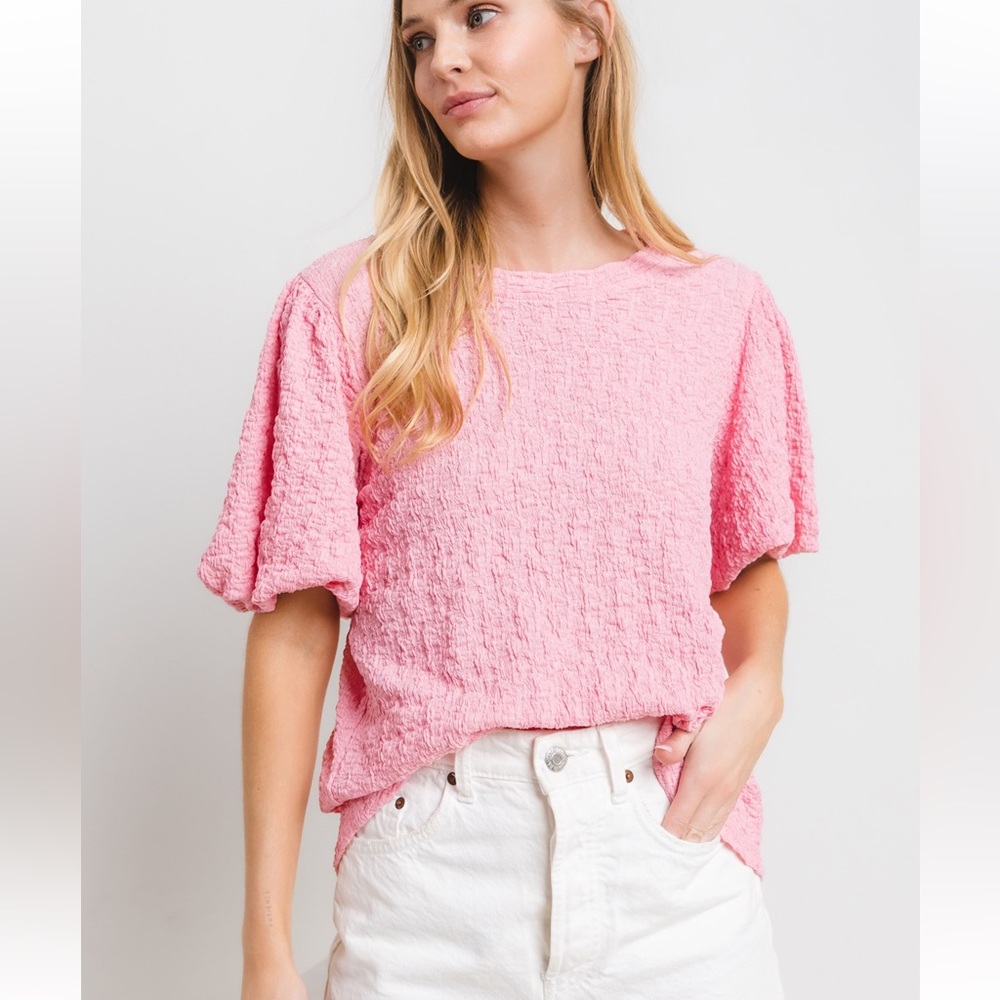 10 Solid Textured Puff Sleeve Blouse Top - Picture 2 of 6